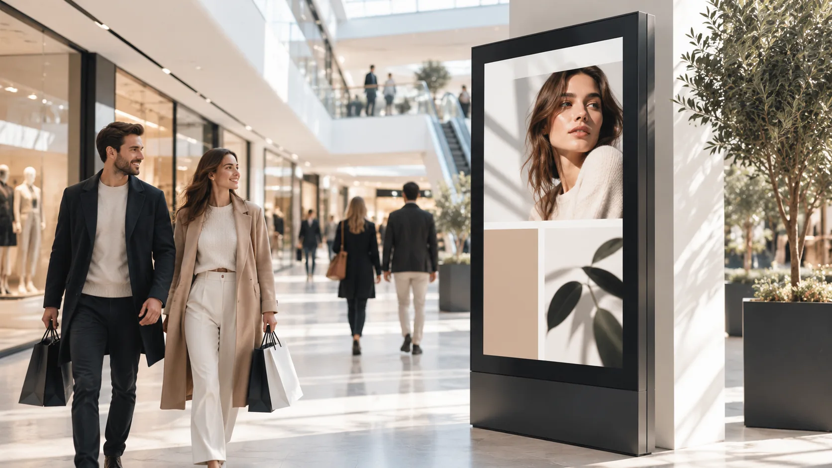 Blick durch die Ladenpassage auf die digitale Werbestele