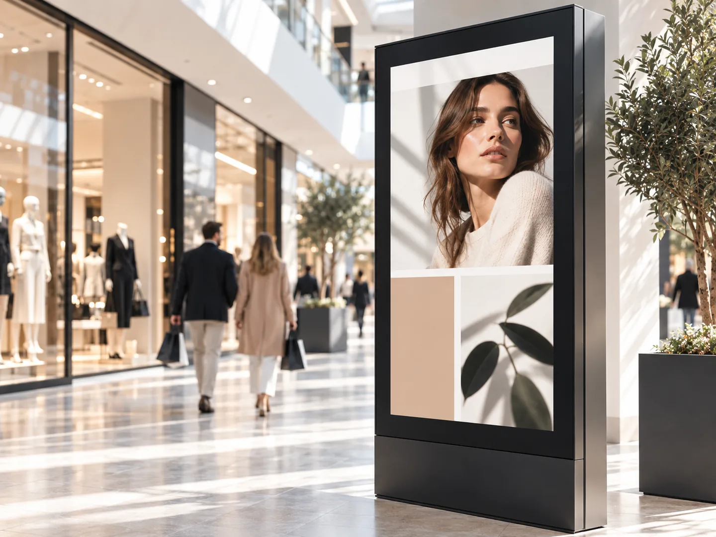 Digitale Werbestele neben den Schaufenstern im Einkaufszentrum